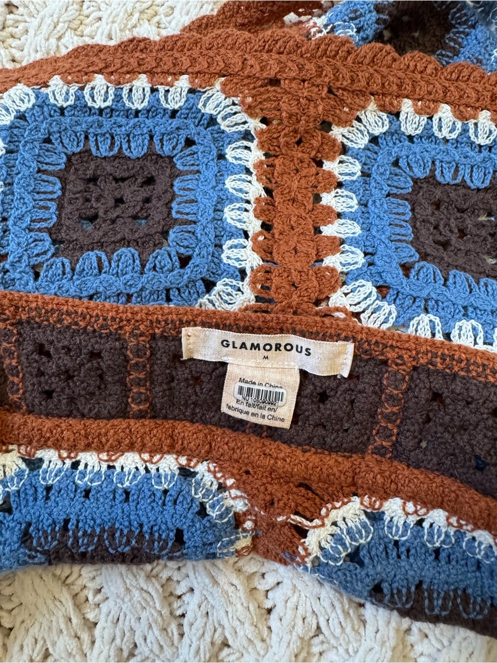 Crocheted Square Tank in Brown, Blue & Cream - Picture 3 of 4